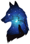 Silhouette of Wolf Moon and Stars Double Exposure Sticker
