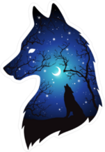 Silhouette of Wolf Moon and Stars Double Exposure Sticker