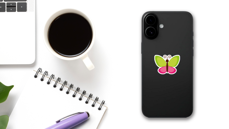 Simple Cute Green and Pink Butterfly Sticker on a Phone (New) example