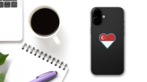 Singapore Flag Heart On Blue Sticker on a Phone (New) example
