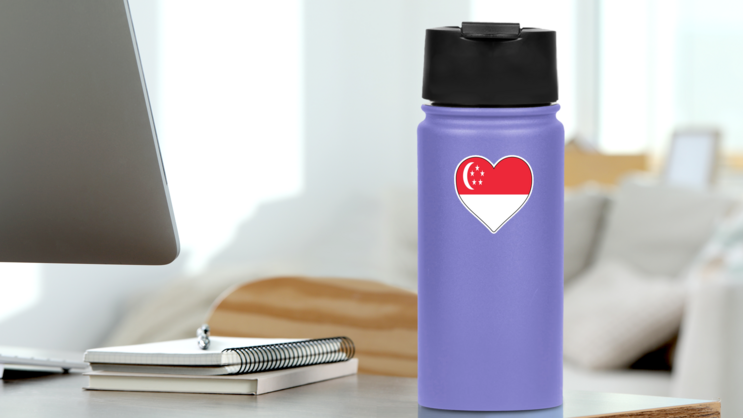 Singapore Heart Shape Flag Sticker on a Water Bottle (New) example