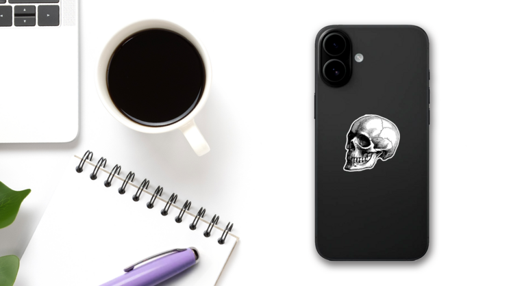 Skeleton Of The Human Head Vintage Engraved Illustration Sticker on a Phone (New) example