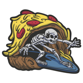 Skeleton Surfing A Pizza Wave Cartoon Sticker