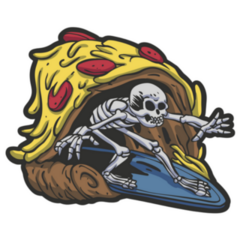 Skeleton Surfing A Pizza Wave Cartoon Sticker