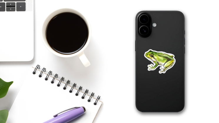 Sketch Watercolor Green Frog Sticker on a Phone (New) example
