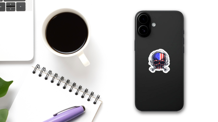 Sketched American Flag Skull Sticker on a Phone (New) example