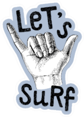 Sketched Shaka Hand With Lets Surf On Blue Sticker