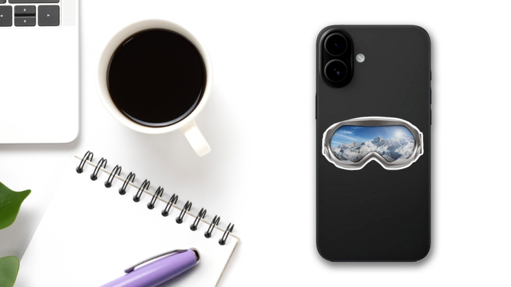 Ski Goggles With Reflection Of Mountains Sticker on a Phone (New) example