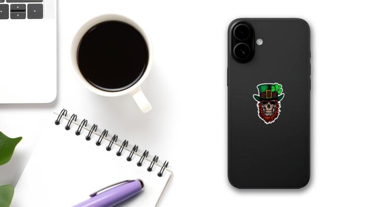 Skull Irish Leprechaun Sticker on a Phone (New) example