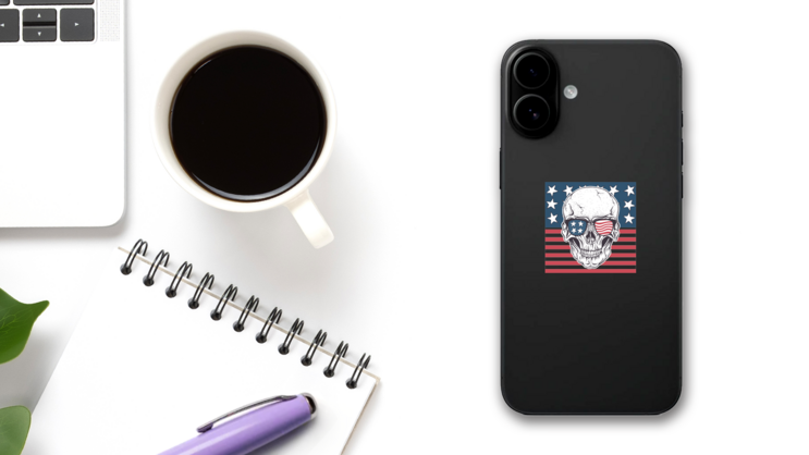 Skull With American Flag And Sunglasses Sticker on a Phone (New) example