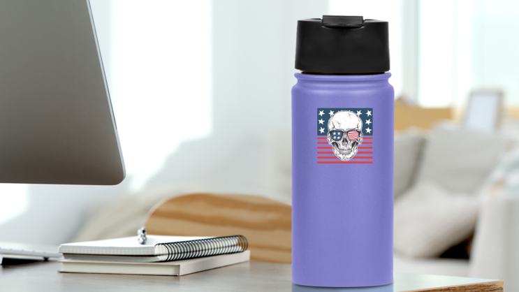 Skull With American Flag And Sunglasses Sticker on a Water Bottle (New) example