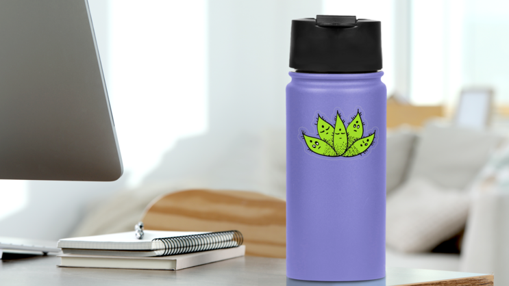 Sleepy Succulent Cartoon Sticker on a Water Bottle (New) example