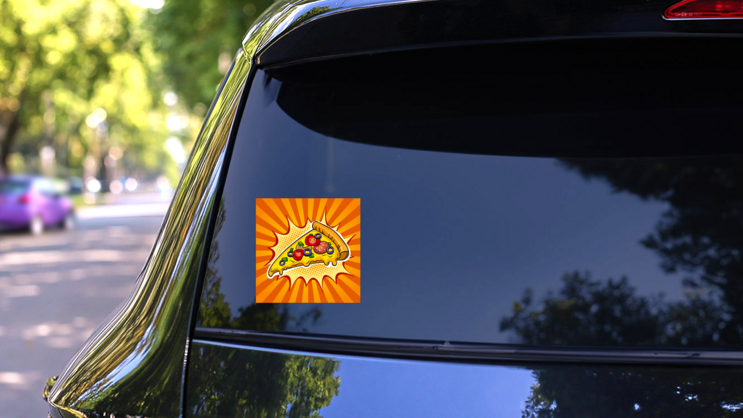 Slice Of Pizza Pop Art Sunburst Sticker on a Rear Car Window (New) example