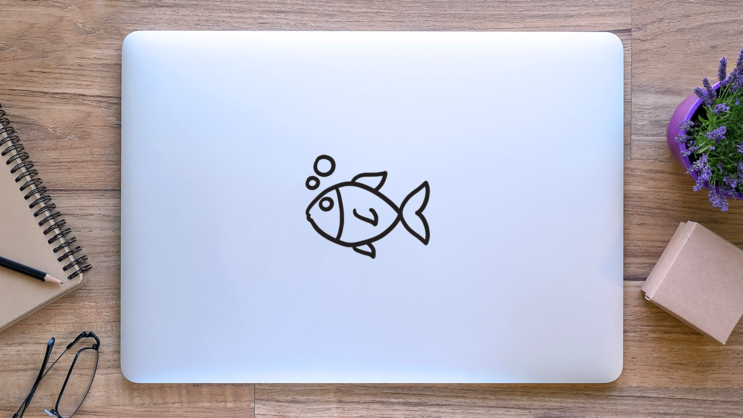 Small Fish and Bubbles Sticker on a Laptop (New) example