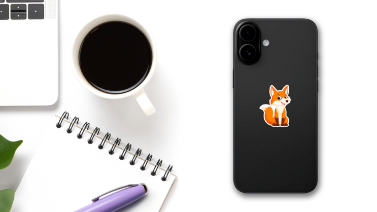 Smiling Cartoon Fox Sticker on a Phone (New) example