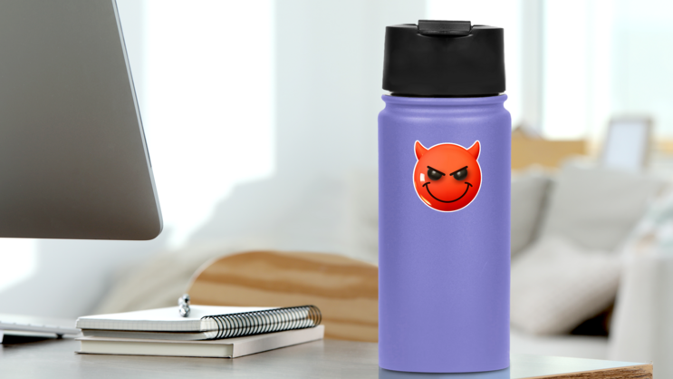 Smiling Face With Horns Emoji Sticker on a Water Bottle (New) example
