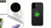 Smiling Happy Marijuana Leaf Cartoon Sticker on a Phone (New) example