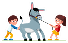Smiling Preschool Kids Girl Pulling Stubborn Donkey Sticker