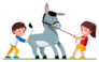 Smiling Preschool Kids Girl Pulling Stubborn Donkey Sticker