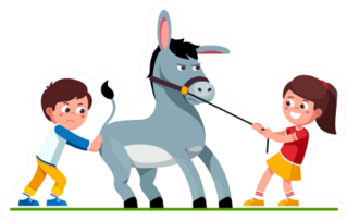 Smiling Preschool Kids Girl Pulling Stubborn Donkey Sticker