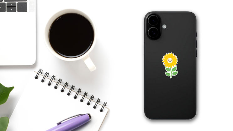 Smiling Sunflower Sticker on a Phone (New) example