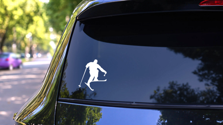 Snow Skier In Mid Air Sticker on a Rear Car Window (New) example