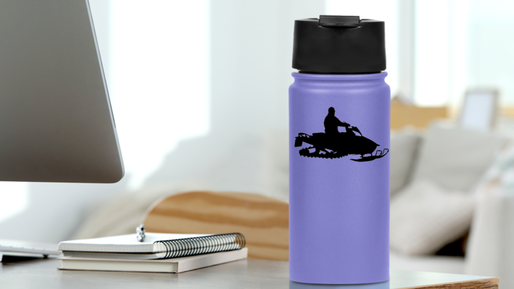 Snowmobile Silhouette Sticker on a Water Bottle (New) example