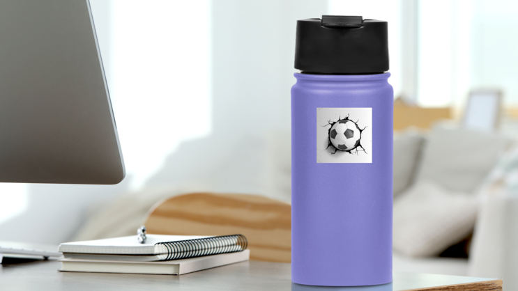 Soccer Ball Coming In Cracked Wall Sticker on a Water Bottle (New) example