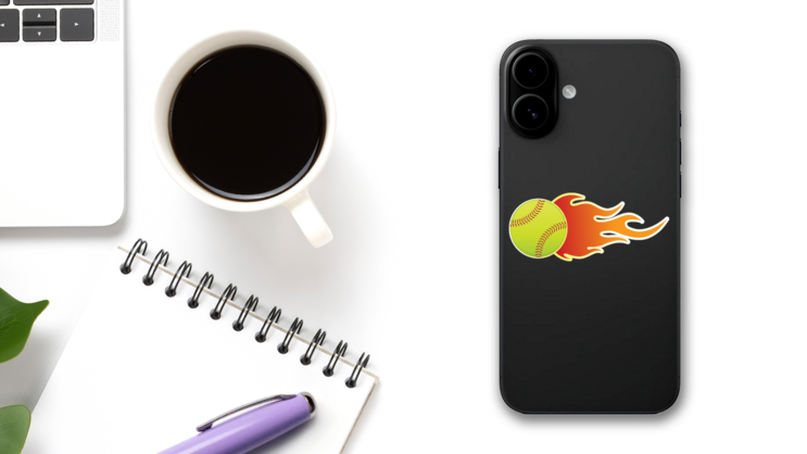 Softball On Fire Sticker on a Phone (New) example