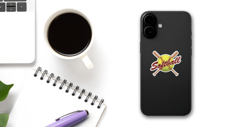 Softball Team Design With Crossed Bats Sticker on a Phone (New) example