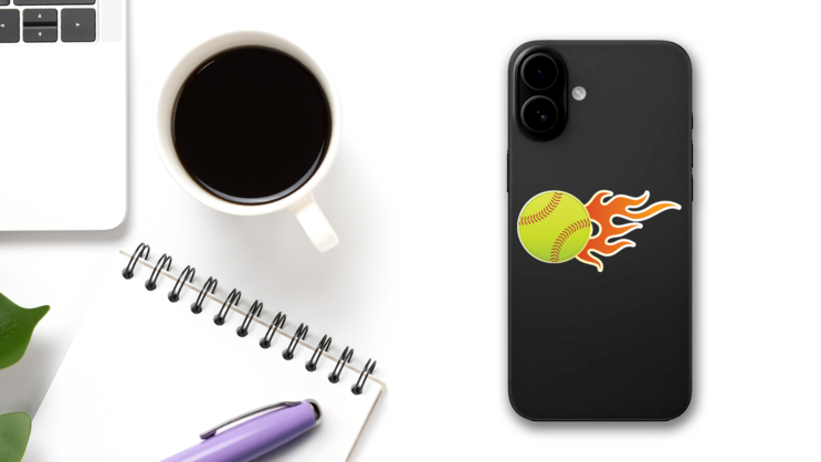 Softball With Short Flames Sticker on a Phone (New) example