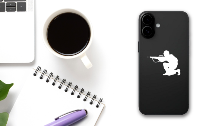 Soldier Aiming Gun Sticker on a Phone (New) example