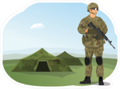 Soldier In Uniform In Front Of An Army Camp Sticker