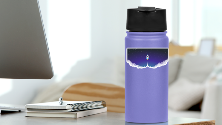 Space Rocket Launch Sticker on a Water Bottle (New) example