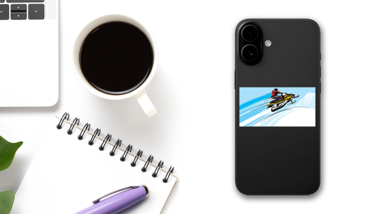 Speeding Snowmobile Cartoon Sticker on a Phone (New) example