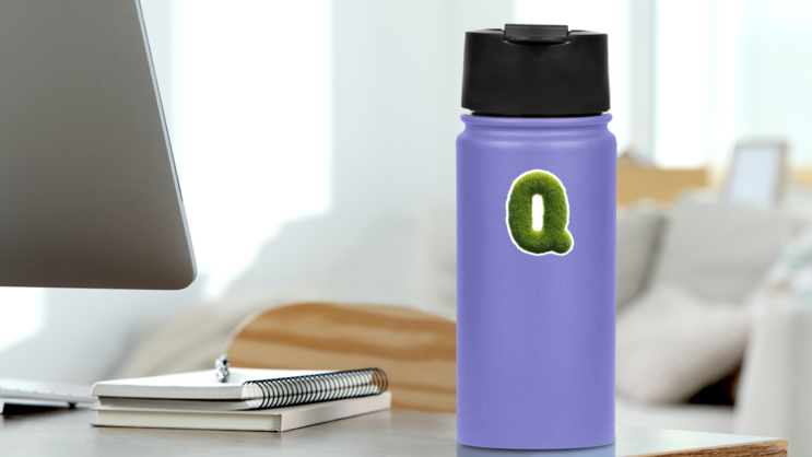 Spiky Grass Font Letter Q Sticker on a Water Bottle (New) example