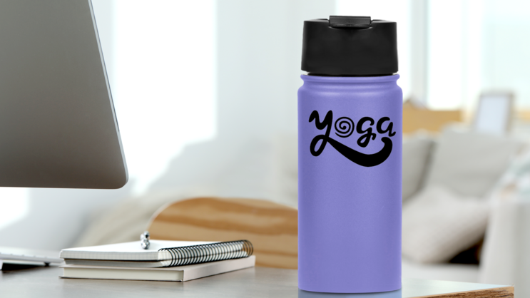 Spiral Yoga Text Sticker on a Water Bottle (New) example
