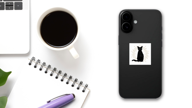 Spooky Black Cat Sticker on a Phone (New) example
