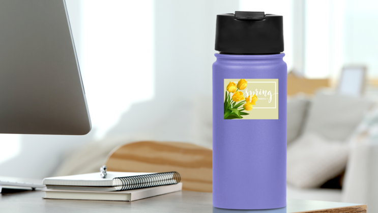 Spring Text With Tulips Sticker on a Water Bottle (New) example