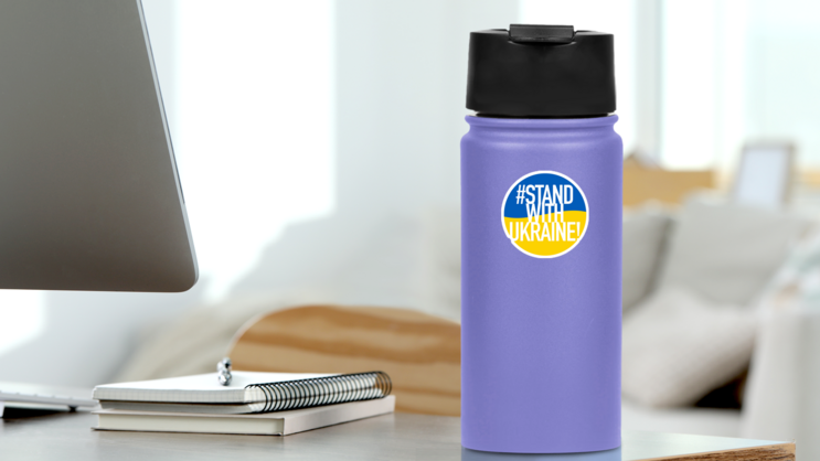 #Stand With Ukraine Lettering On Flag Badge Sticker on a Water Bottle (New) example