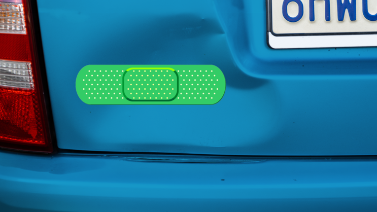 Standard Green Band Aid Bandage Sticker on a Dented Car example