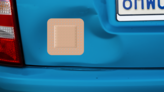 Standard Square Bandage Sticker on a Dented Car example