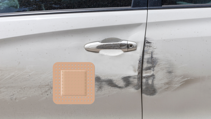 Standard Square Bandage Sticker on a Scratched Car example