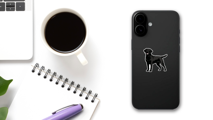 Standing Black Lab Sticker on a Phone (New) example