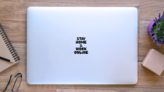 Stay Home And Work Online WFH Lettering Sticker on a Laptop (New) example