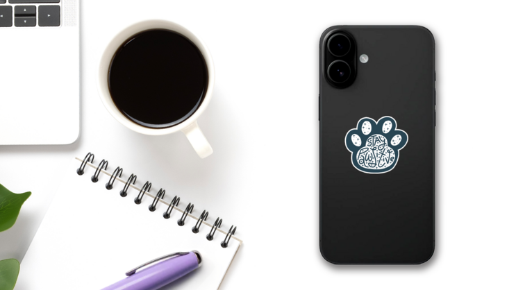 Stay Pawsitive Paw Print Sticker on a Phone (New) example