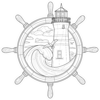Steering Wheel Of A Ship With Lighthouse And Ocean Sticker