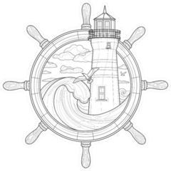 Steering Wheel Of A Ship With Lighthouse And Ocean Sticker