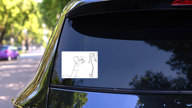 Stick Figure Wedding Proposal Sticker on a Rear Car Window (New) example
