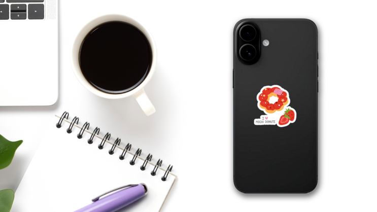 Strawberry Mochi Donut Illustration Sticker on a Phone (New) example